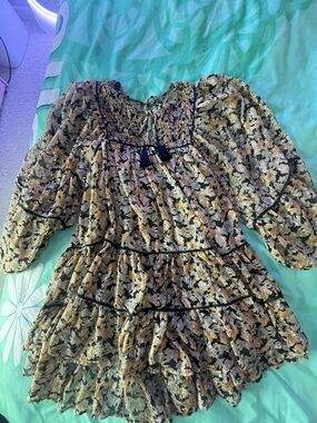 Boho Floral Tiered Dress with Smocked Yoke - Black & Gold Floral